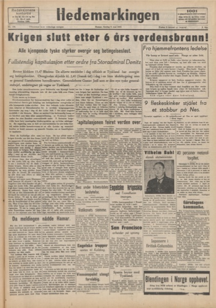 Forside: Hedemarkingen, 8. mai 1945 – «Krigen slutt etter 6 års verdensbrand!»